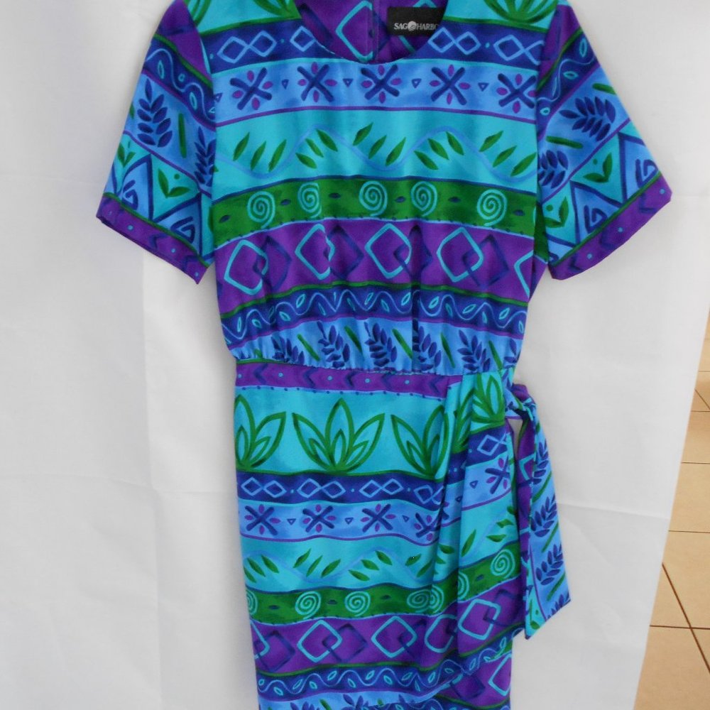 SAG HARBOR SIZE 12 BLUE FLORAL FAUX WRAP DRESS